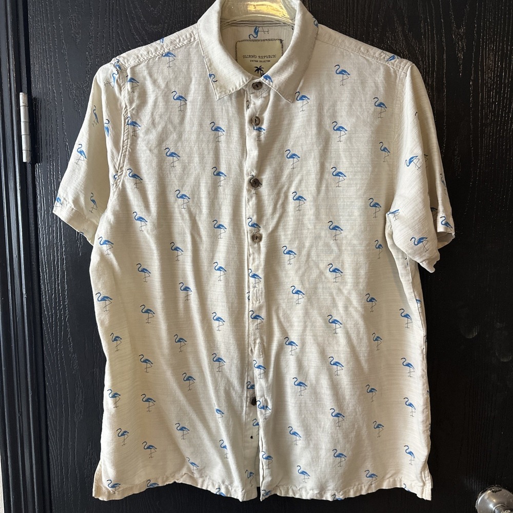 Island Republic Vintage Collection Men Flamingo Print Short Sleeve Silk Shirt XL